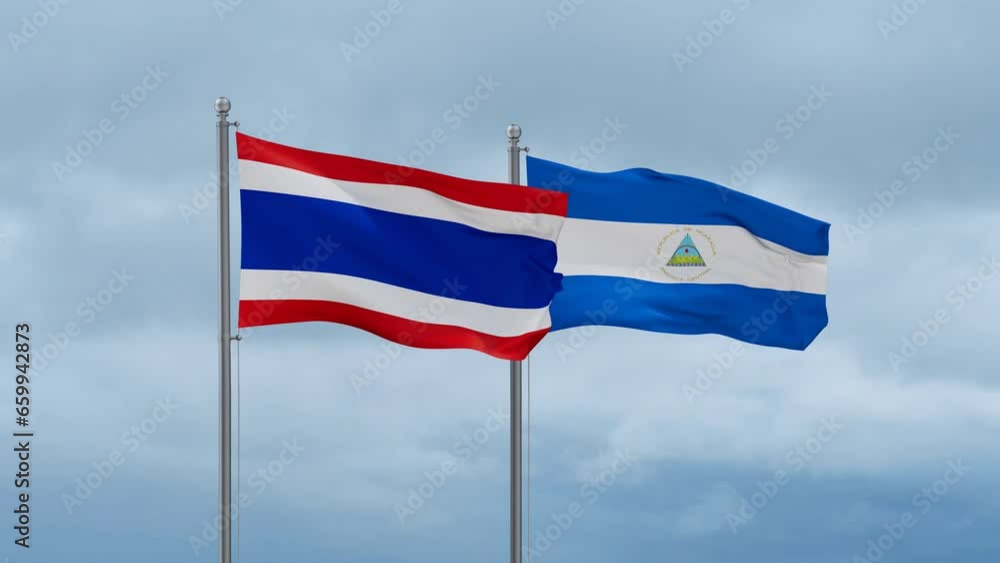 Nicaragua flag and Thailand flag waving together on cloudy sky, endless seamless loop, two country relations concept Nicaragua flag and Thailand flag waving together on cloudy sky, endless seamless loop, two country relations concept