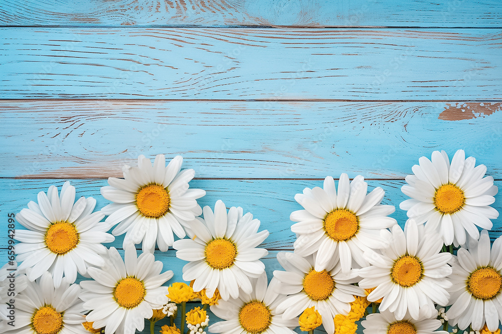 Fototapeta premium A bouquet of a beautiful white daisy arranged on the left side, right side of the blue wooden panel wall, the blue background, Generative AI.