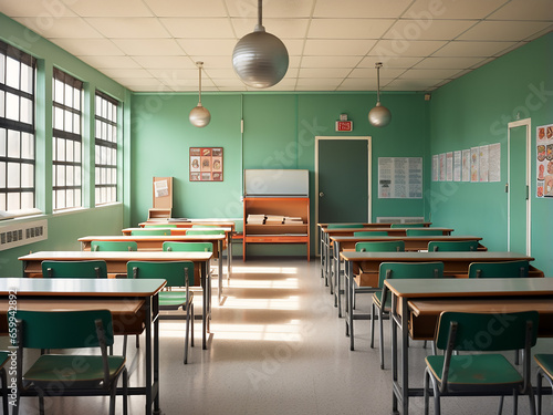 The charm of a green classroom, complete with chic furniture. AI Generation.