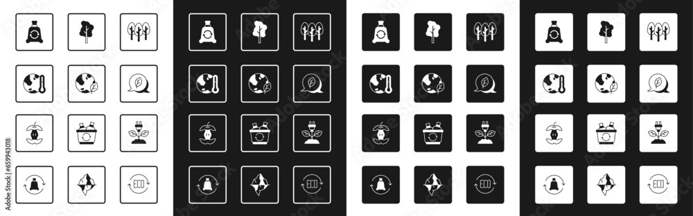 Set Tree, Earth globe and leaf, melting to global warming, Garbage bag with recycle, Leaf Eco symbol, Electric saving plug and Apple core icon. Vector Set Tree, Earth globe and leaf, melting to global warming, Garbage bag with recycle, Leaf Eco symbol, Electric saving plug and Apple core icon. Vector