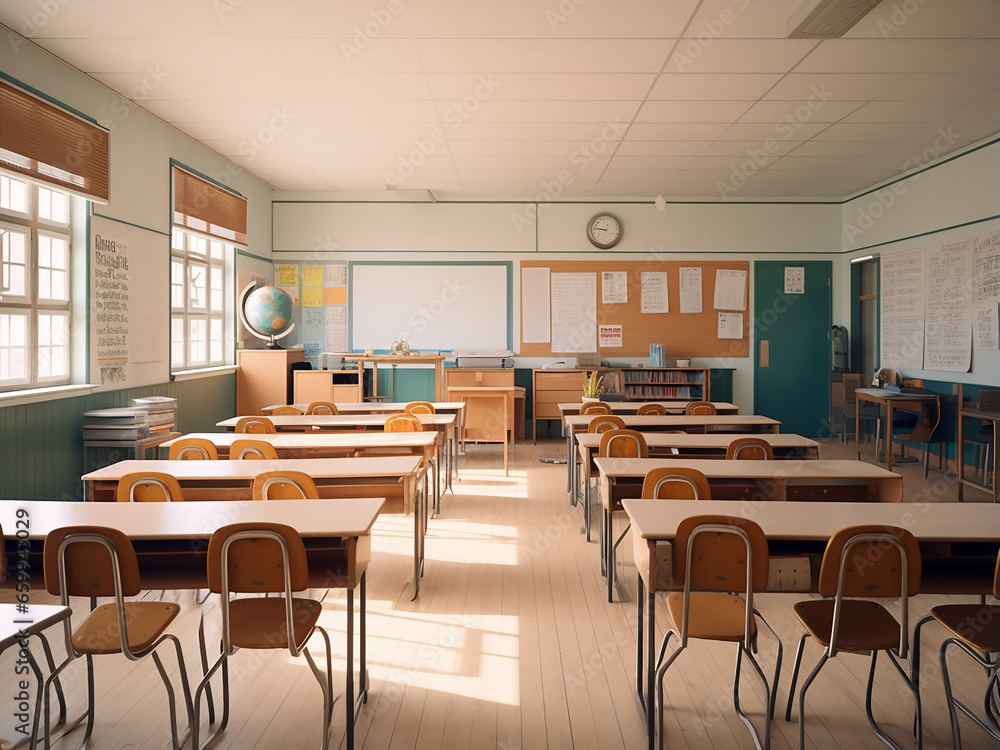 A serene light wood classroom with modern furniture. AI Generation.