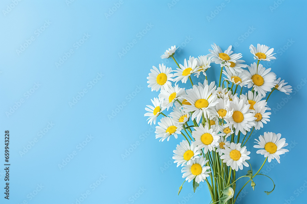 A bouquet of a beautiful white daisy arranged on the left side, right side of the blue wooden panel wall, the blue background, Generative AI. A bouquet of a beautiful white daisy arranged on the left side, right side of the blue wooden panel wall, the blue background, Generative AI.
