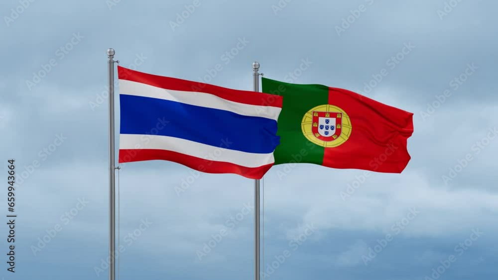 Portugal and Thailand flag waving together on cloudy sky, endless seamless loop, two country cooperation concept Portugal and Thailand flag waving together on cloudy sky, endless seamless loop, two country cooperation concept