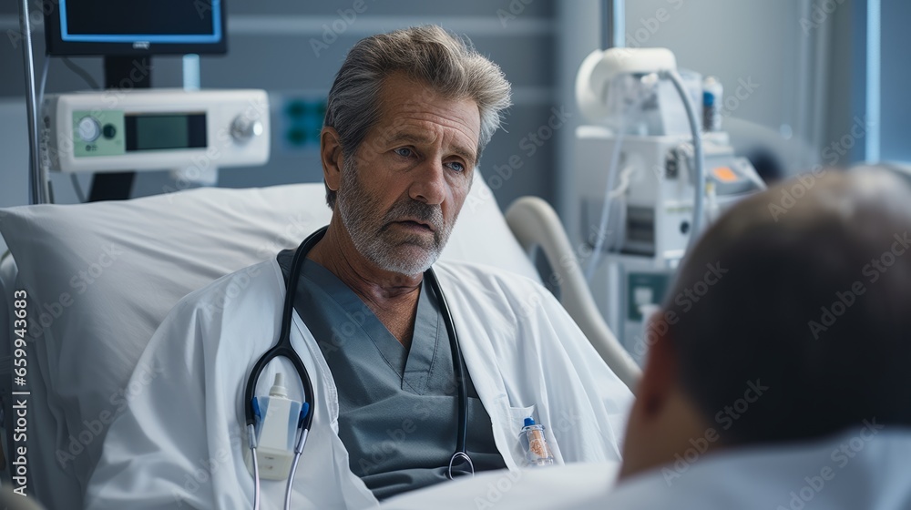 Senior gray-haired doctor with stethoscope talking to a patient in medical office. Experienced clinician discussing diagnosis and treatment options. Individual approach and care for patients health. Senior gray-haired doctor with stethoscope talking to a patient in medical office. Experienced clinician discussing diagnosis and treatment options. Individual approach and care for patients health.