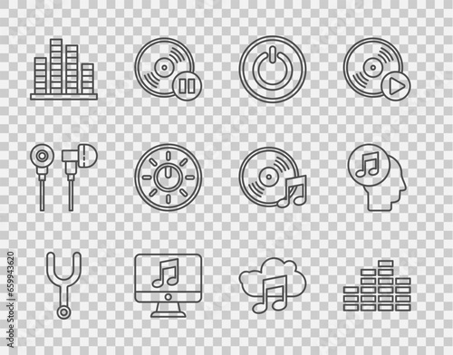 Set line Musical tuning fork, equalizer, Power button, Computer with music note, Dial knob level technology settings, streaming service and human head icon. Vector