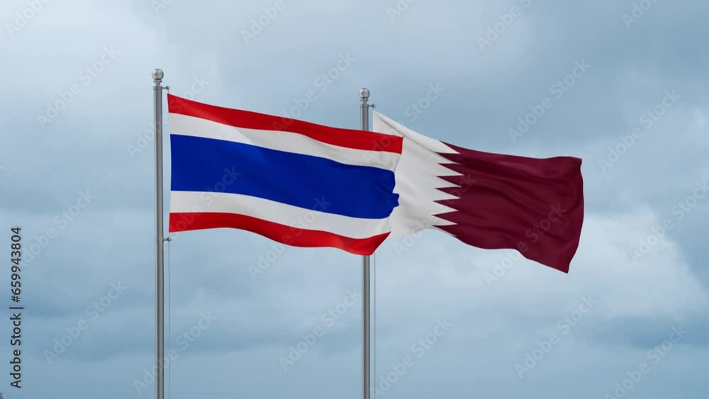 Qatar and Thailand flag waving together on cloudy sky, endless seamless loop, two country cooperation concept Qatar and Thailand flag waving together on cloudy sky, endless seamless loop, two country cooperation concept