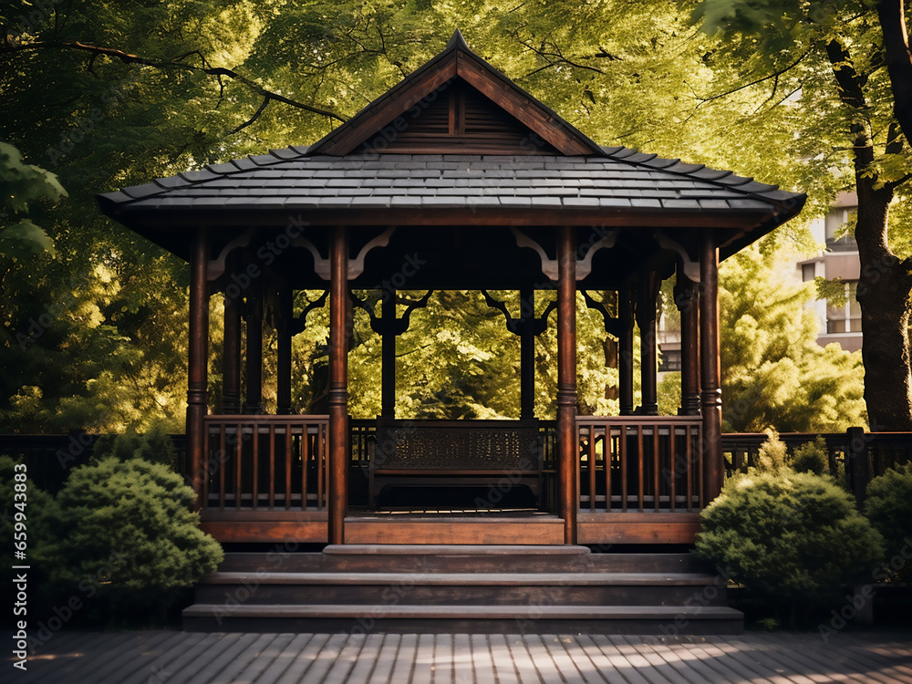 Naklejka premium Enjoy a tranquil spot in your exterior with a dark wood gazebo. AI Generation.