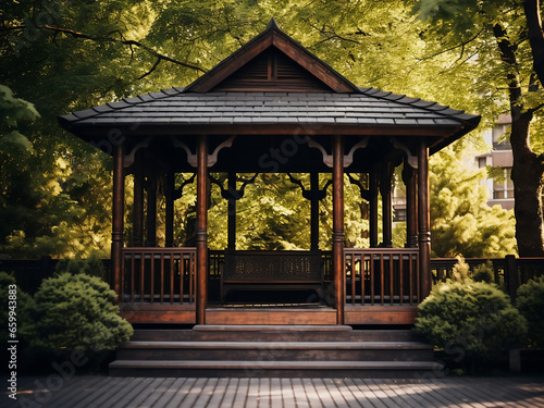 Enjoy a tranquil spot in your exterior with a dark wood gazebo. AI Generation.