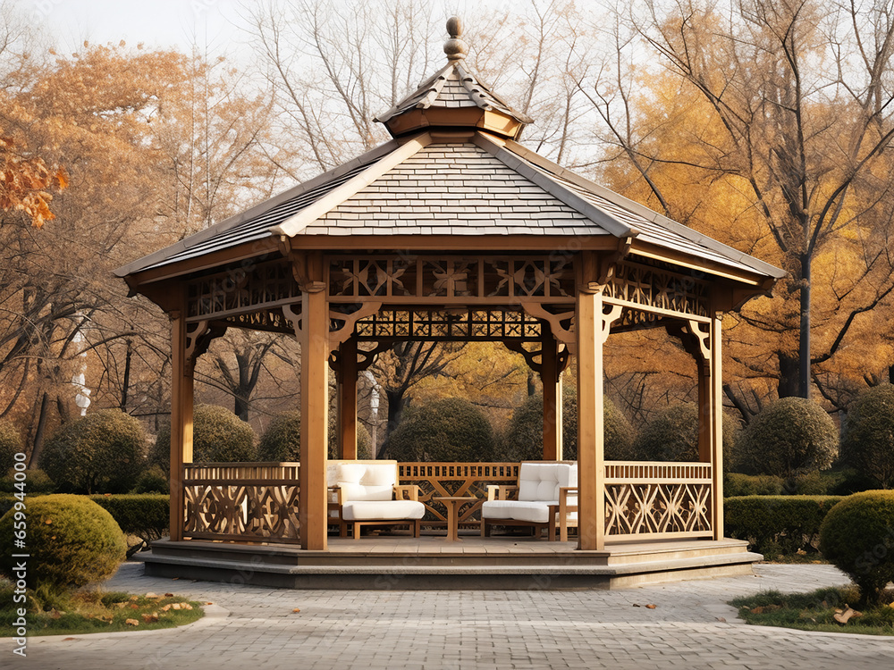 Light wood gazebo adds character to house design. AI Generation. Light wood gazebo adds character to house design. AI Generation.