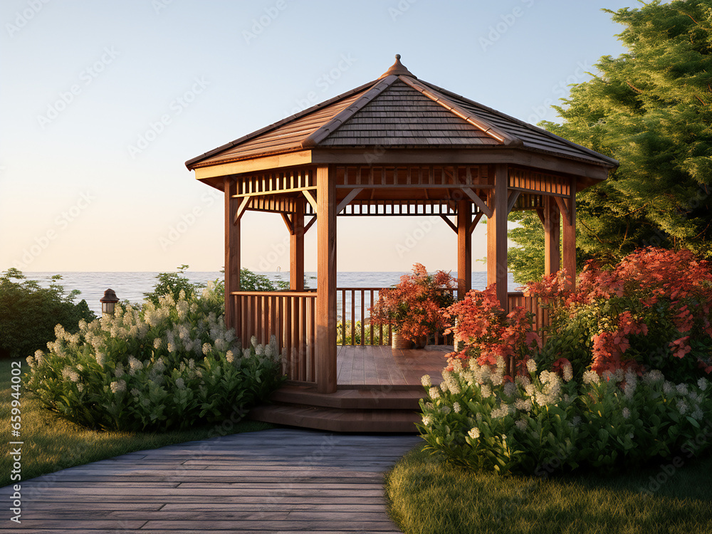 Light wood gazebo enhances house's exterior. AI Generation.