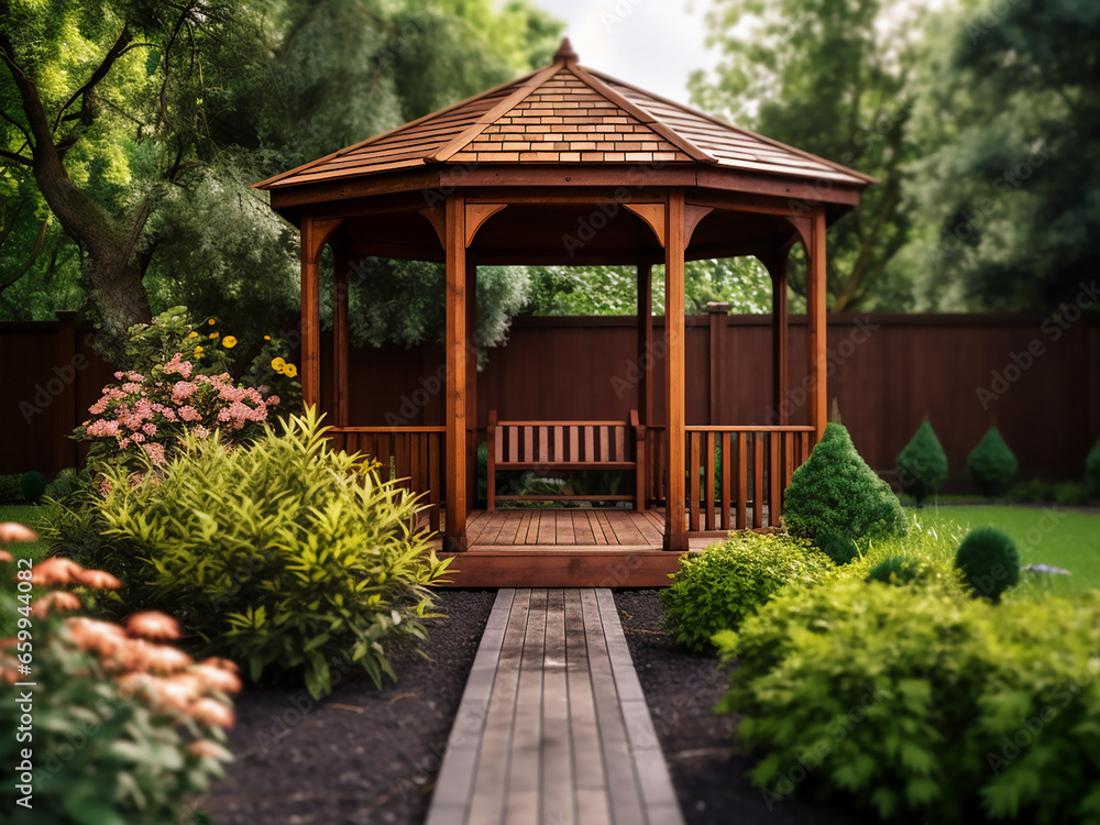 Rustic wood gazebo amidst nature's beauty. AI Generation.