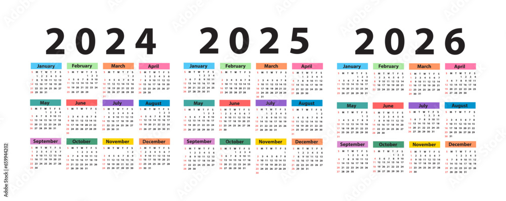 Calendar set 2024; 2025; 2026; starting from Sunday. Vector illustration
