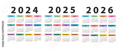 Calendar set 2024; 2025; 2026; starting from Sunday. Vector illustration