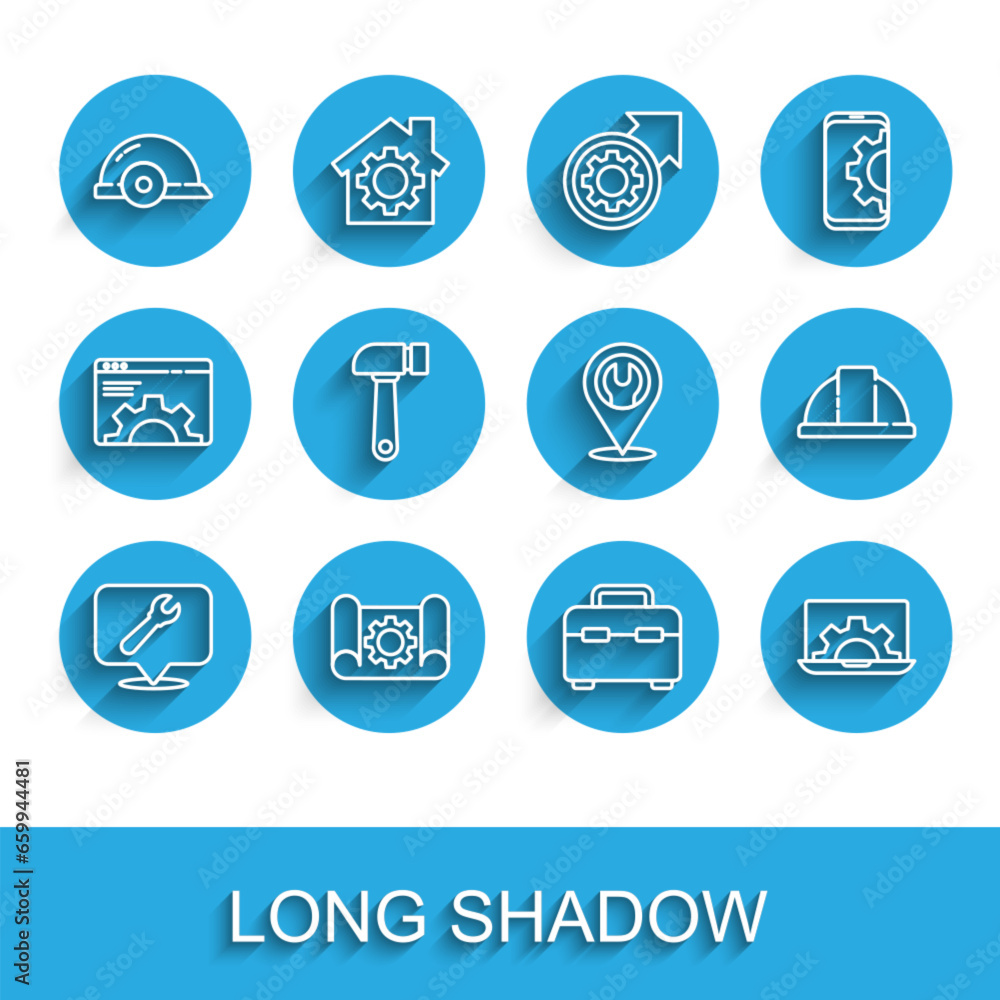 Set line Location with wrench spanner, Graphing paper and gear, Worker safety helmet, Toolbox, Laptop, Hammer, and icon. Vector