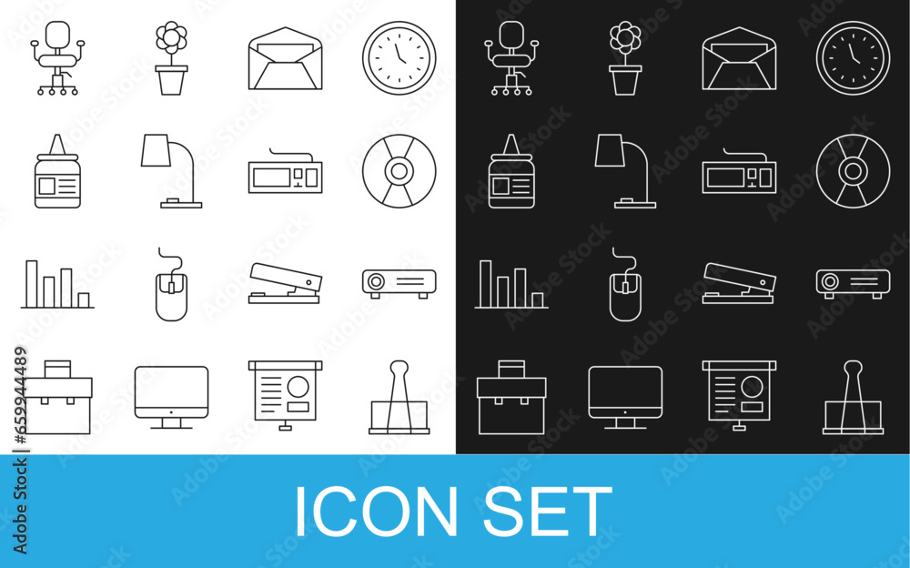 Set line Binder clip, Movie, film, media projector, CD DVD disk, Envelope, Table lamp, Glue, Office chair and Keyboard icon. Vector