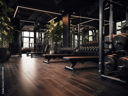 Black gym with a modern touch in furniture. AI Generation.