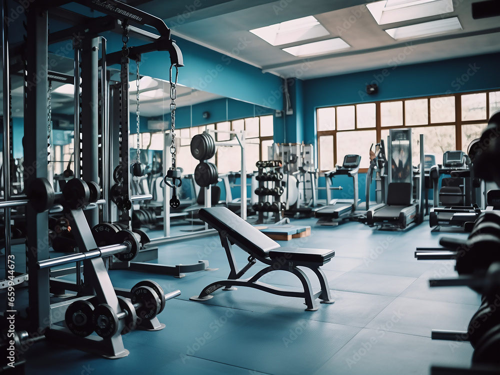 Fototapeta premium Blue gym featuring contemporary furniture. AI Generation.