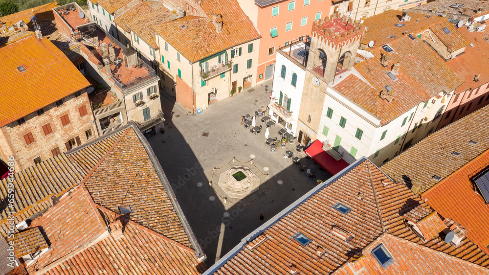Aerial view of the main square in historical center of Castiglione del Lago, in Umbria, Italy. The town is located on Lake Trasimeno in the province of Perugia.