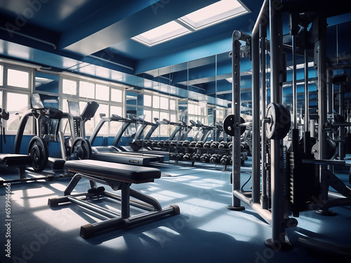 Vibrant blue gym interior, stylish and inviting. AI Generation.