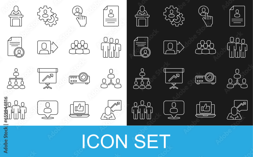 Set line Team leader, Project team base, Users group, Head hunting, Resume, Speaker and icon. Vector