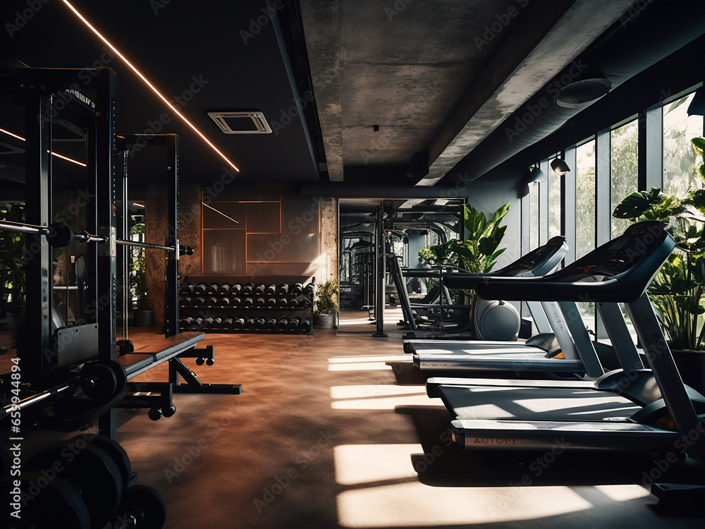 A gym with a thoughtfully designed interior and comfy furniture. AI Generation.
