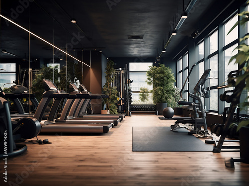 A modern gym boasting a minimalist design and workout room. AI Generation. © Llama-World-studio