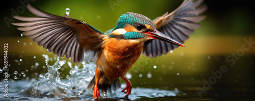 Kingfisher catching fish. Small bird king fisher in fly. © Alena