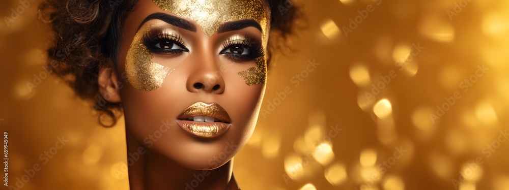 Fashion art beauty portrait of an african girl with golden makeup