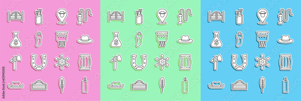 Set line Dynamite bomb, Gun powder barrel, Western cowboy hat, Location, Tooth, Money bag, Saloon door and Drum icon. Vector Set line Dynamite bomb, Gun powder barrel, Western cowboy hat, Location, Tooth, Money bag, Saloon door and Drum icon. Vector