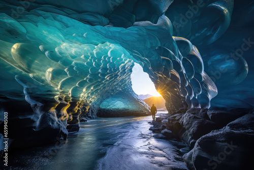 Person enjoying an ice cave in Iceland at sunset