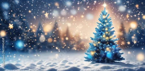 Christmas tree against a sparkly luminous background. Christmas tree with snow at night and copy space, holiday and celebration © 360VP