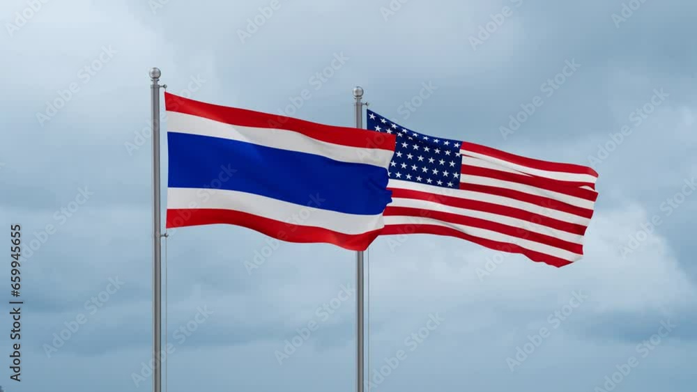 USA and Thailand flag waving together on cloudy sky, endless seamless loop, two country cooperation concept USA and Thailand flag waving together on cloudy sky, endless seamless loop, two country cooperation concept