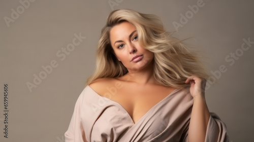 Excited luxury plus size woman in front of a studio background