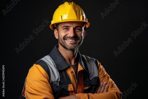 Portrait of smiling caucasian or hispanic male worker in yellow uniform and hard hat. Confident engineer, supervisor or foreman with folded hands. Isolated on the black background with copy space.