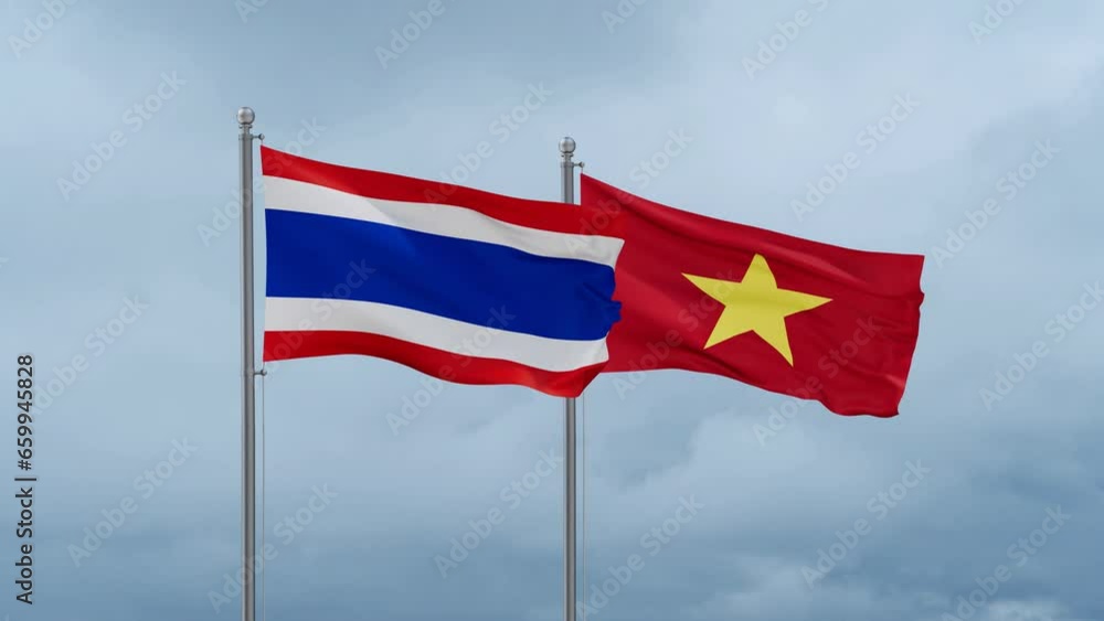 Vietnam and Thailand flag waving together on cloudy sky, endless seamless loop Vietnam and Thailand flag waving together on cloudy sky, endless seamless loop
