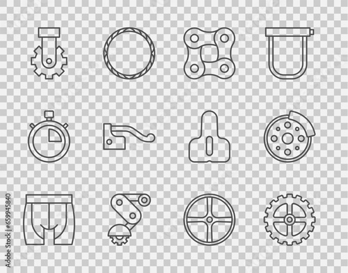 Set line Cycling shorts, Bicycle sprocket crank, chain, Derailleur bicycle rear, brake, wheel and disc icon. Vector