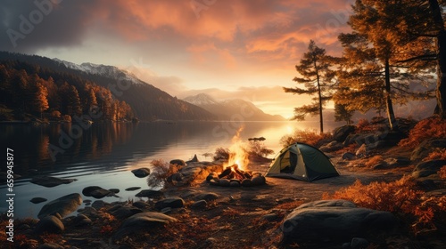 Camping area by a lake at sunset © Creative Clicks
