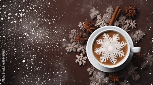 Top view of a cup of cocoa with a snowflake on the surface. Brown background decorated with spices and powdered sugar.