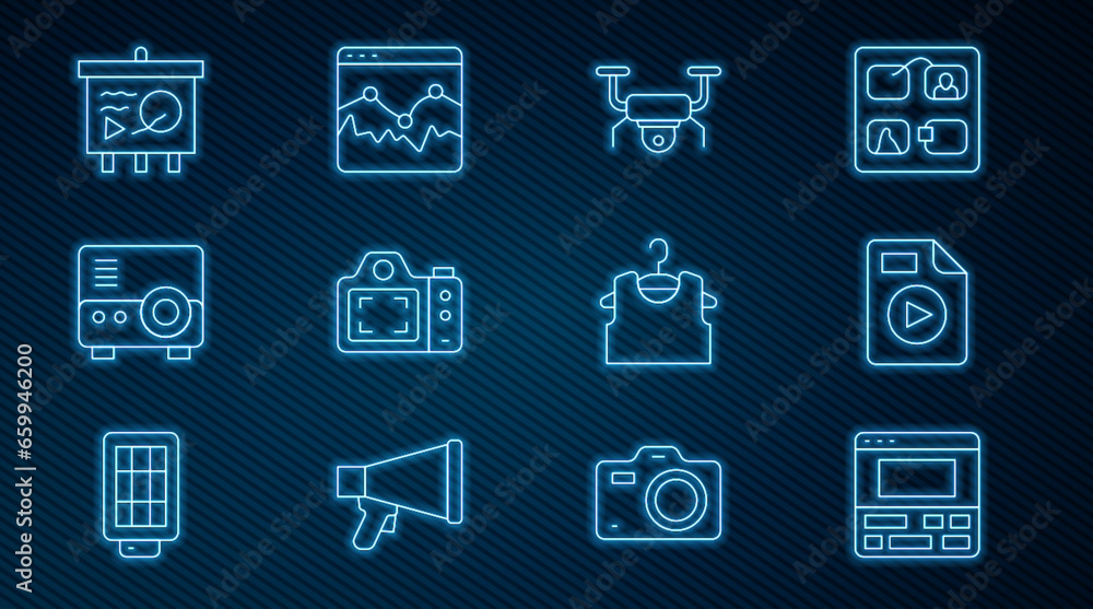 Set line Video recorder on laptop, AVI file document, Drone flying, Photo camera, Media projector, Scenario chalkboard, Sleeveless T-shirt and Music wave equalizer icon. Vector