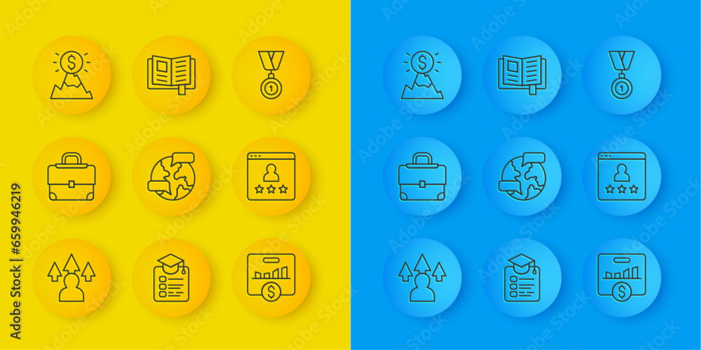 Set line Front end development, Briefcase, Worldwide, Key performance indicator, Customer product rating, Mountains with flag, Medal and Reading book icon. Vector Set line Front end development, Briefcase, Worldwide, Key performance indicator, Customer product rating, Mountains with flag, Medal and Reading book icon. Vector