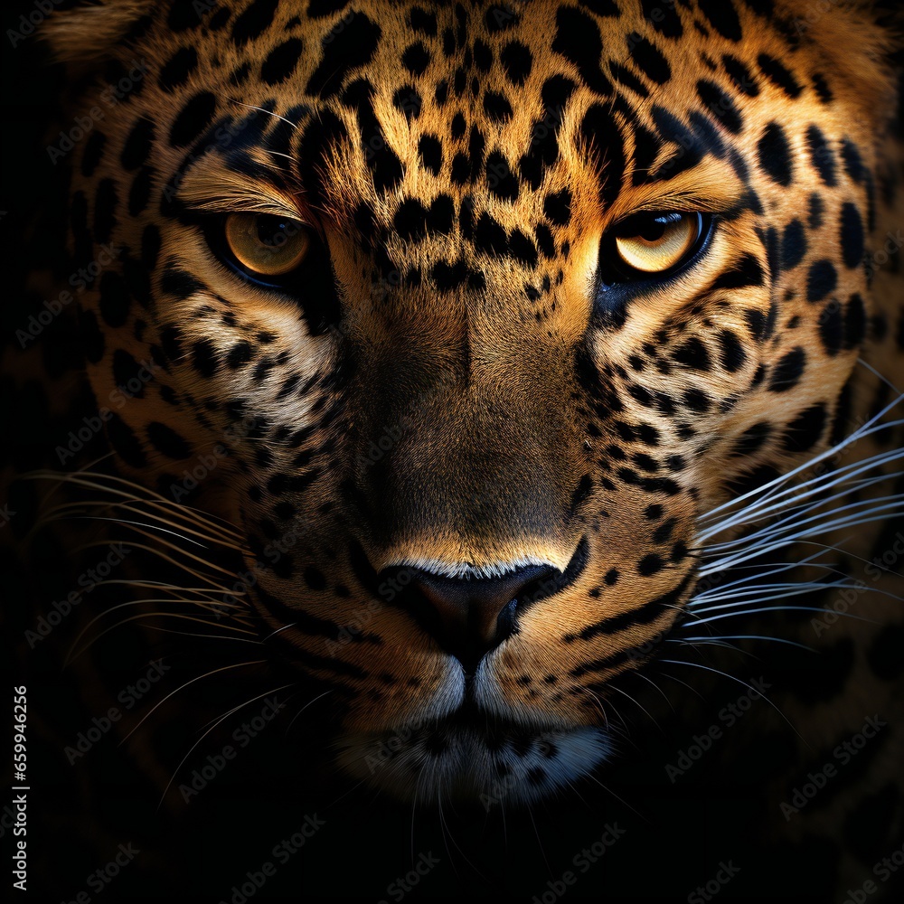 Head shot, portrait of a Spotted leopard facing at the camera on black background Head shot, portrait of a Spotted leopard facing at the camera on black background