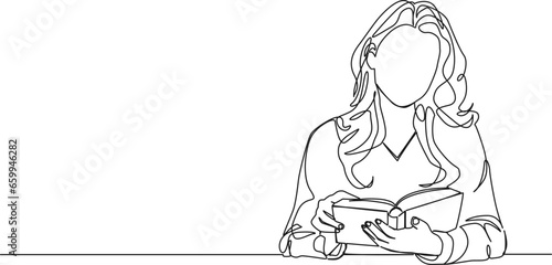 continuous single line drawing of woman sitting at table reading a book, line art vector illustration