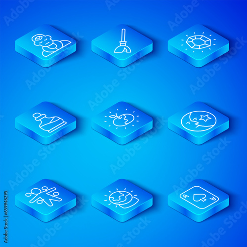 Set line Voodoo doll, Poison apple, Magic ball, Moon and stars, stone, Bottle with potion, Wizard warlock and Playing cards icon. Vector