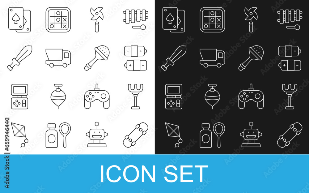 Set line Skateboard, Rake toy, Battery, Pinwheel, Toy truck, Sword, Playing cards and Rattle baby icon. Vector