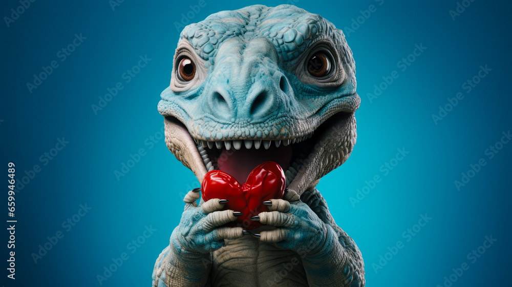 Illustrated concept for Valentine's Day. A happy little dinosaur holds a heart as a gift on a blue background. Illustrated concept for Valentine's Day. A happy little dinosaur holds a heart as a gift on a blue background.