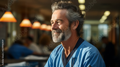 Close up portrait of middle aged male doctor with gray hair and beard in blue uniform. Experienced clinician with confident look. Professional care for patient health and accurate diagnosis.