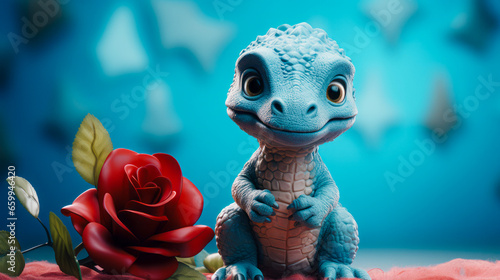 Illustrated dinosaur celebration concept with a happy little dinosaur with a rose, enjoying the fun on a blue background. Picture perfect for Valentine's Day celebrations. © mimi