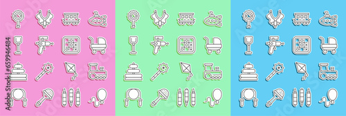 Set line Balloons, Toy train, Baby stroller, Passenger cars toy, Ray gun, Shovel, Rattle baby and Tic tac toe game icon. Vector