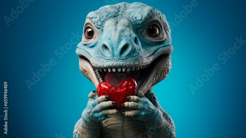 Illustrated concept for Valentine's Day. A happy little dinosaur holds a heart as a gift on a blue background. © mimi