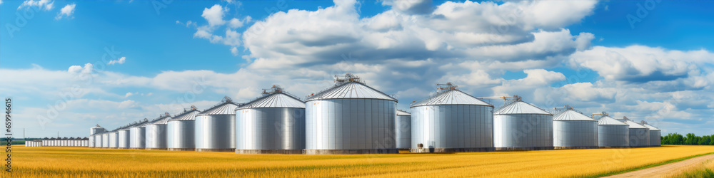 Grain silos in farm field. Agricultural silo or container for harvested grains. Grain silos in farm field. Agricultural silo or container for harvested grains.